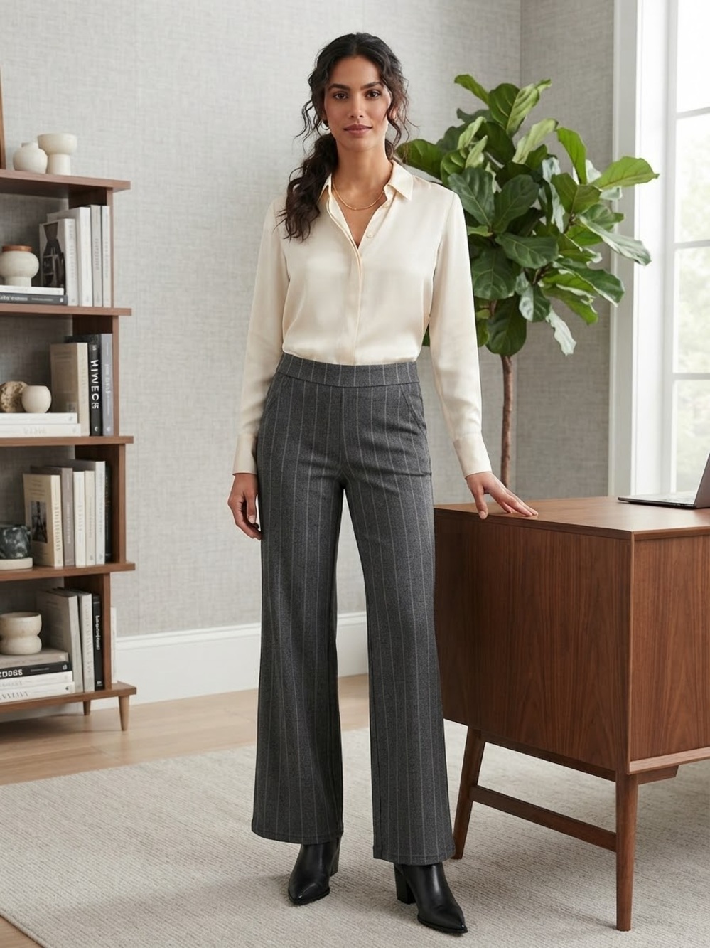 Lee Women's Gray Pinstripe Wide-Leg Trousers with High Waist